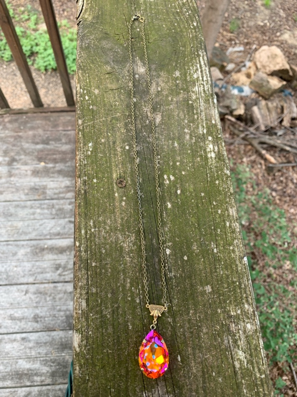 Teardrop Crystal Pendant Necklace - Iridescent Orange Pink